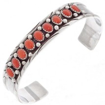 Navajo Old Style Sterling Silver Red Coral Row Bracelet Mens Womens s6.5-7.5 - £205.01 GBP+