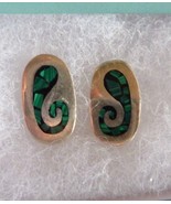 Sterling Silver Green Malachite Oval Earrings Signed TV-9 - $33.21 CAD