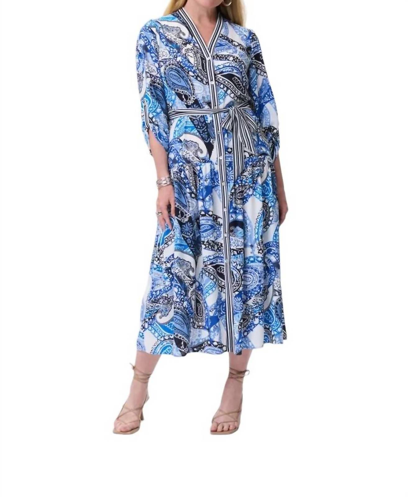 Joseph Ribkoff paisley dress with shoulder shirring in Vanilla/Multi