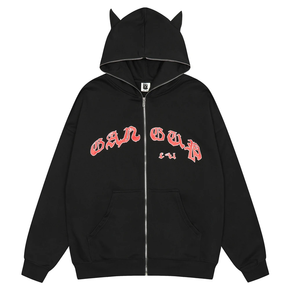  men s devil horn hat design autumn jacket letter print hip hop streetwear hoodie loose thumb200