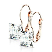 Rose Gold Stainless Steel Princess Cut Cubic Zirconia Earrings Hypoallergenic - £11.79 GBP