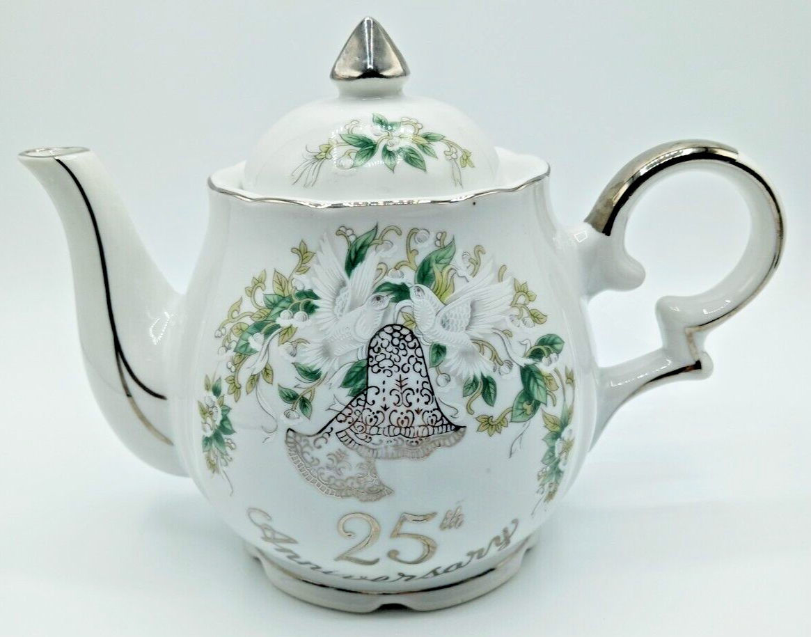 Vintage Lefton China 25th Silver Anniversary Teapot with Music Box Tested-Works - £23.73 GBP