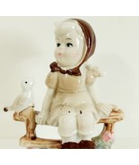 Country Farm Girl On Bench With Bird Ceramic Vintage Hand Painted c1970s... - $41.13 CAD