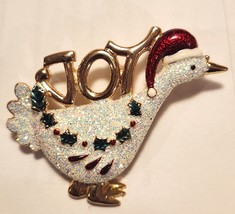 Christmas Goose Joy Pin Brooch White Enamel Sparkle Glitter Gold Tone Setting - £14.11 GBP