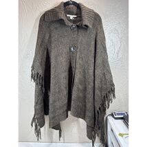 Carolyn Taylor Fringe Hippie Poncho Sweater Brown Button One Size Fits A... - $19.95