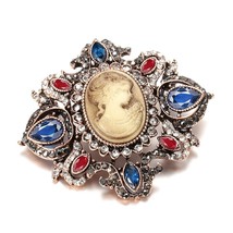 Oval Lady Blue Stone Brooch For Women Vintage Hollow Flower Brooch Antique Gold  - £7.07 GBP