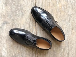 Beautiful Handmade Men&#39;s Black Leather Oxford Lace Up Brogue Toe Dress S... - £114.05 GBP+