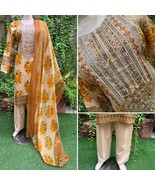 Pakistani Beige Printed Straight Shirt 3-PCS Lawn Suit w/ Threadwork ,XL#2 - $49.50