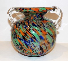 Exquisite Vintage Art Glass Spatter Glass MULTI-COLOR Handled 6 1/4&quot; Vase - £78.49 GBP