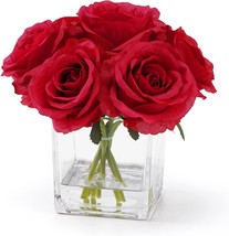 Rubystory Red Roses Silk Flowers In Vase With Fake Water, Artificial Rose, Red - £37.95 GBP