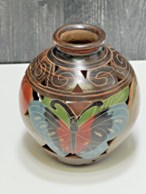 Signed Art Pot Jose Lopez Nicaraguan Pottery Pierced Carved Butterfly Va... - $41.58
