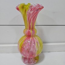 Fenton Glass Vase Murrhina Rose Pink And Yellow Ruffled Vase 7 1/2&quot; - £70.36 GBP