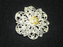 Estate Light Green &amp; Amber Colored Rhinestone Accented Layered Openwork Flower - £4.78 GBP