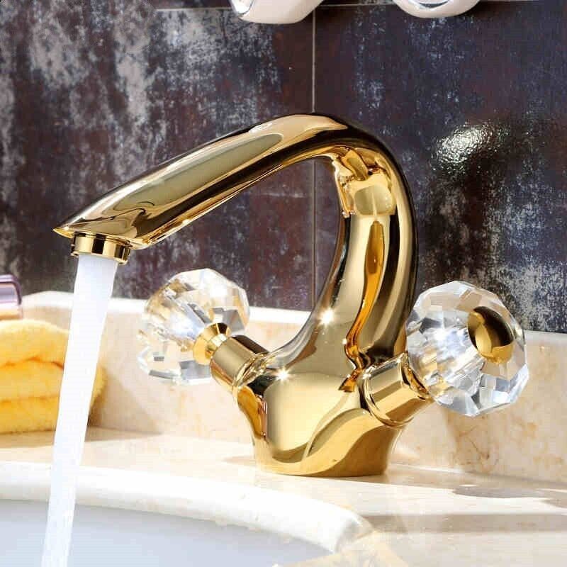 Gold Pvd single hole bathroom sink faucet crystal double handles luxury tap - $98.99