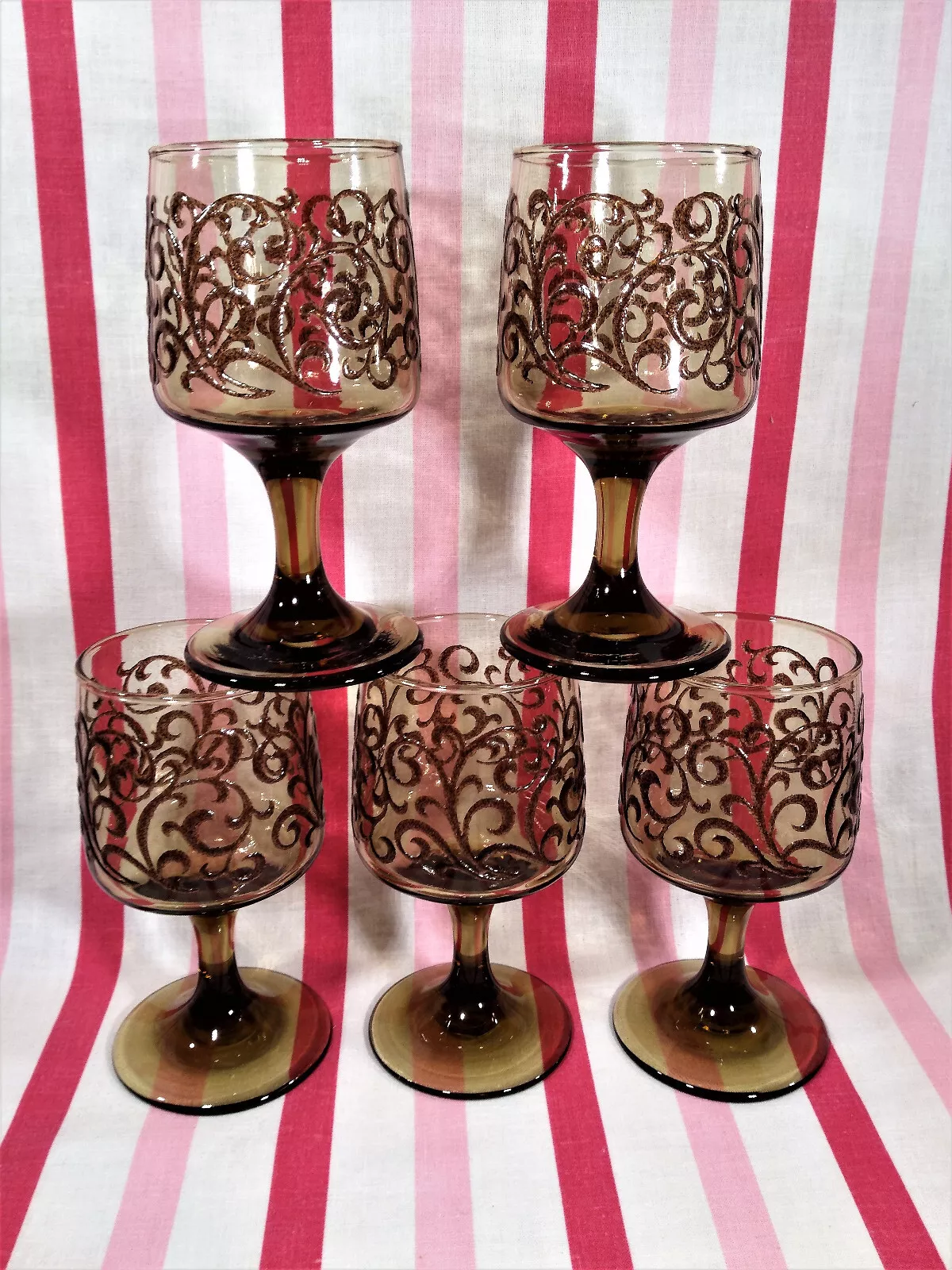 Gorgeous MoD 1970&#39;s Libbey Glass 5pc Prado Scroll Design Wine Goblet Tawny Brown - £18.51 GBP