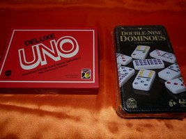 DOMINOES &amp; UNO CARD GAMES SALE Metal Box Double Nine &amp; Uno&#39;s Deluxe Cards  - $280.82 MXN