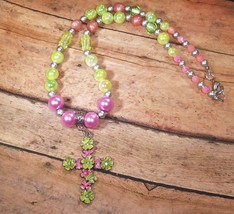 Necklace Bead Pendant Cross Religious Pink Green Decorative Bail 20&quot; Upcycled  - £7.90 GBP