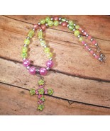 Necklace Bead Pendant Cross Religious Pink Green Decorative Bail 20&quot; Upc... - $13.79 CAD
