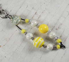 Owl Stripe Bubblegum Handmade Beaded Keychain Purse Charm Yellow White S... - $15.83