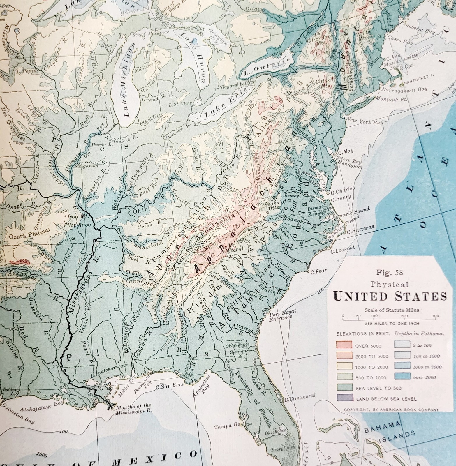 1916 United States Of America Map Fold Out Physical Elevation Topography... - $19.99