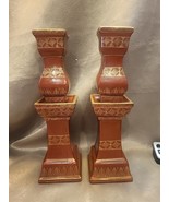 Vintage Set Of 2 Candlesticks Red Orange Colored With Gold Detail Made I... - $28.99