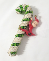 Vtg Red Elf on Green Candy Cane Christmas Ornament Handmade Sequin Pins ... - $353.35 MXN