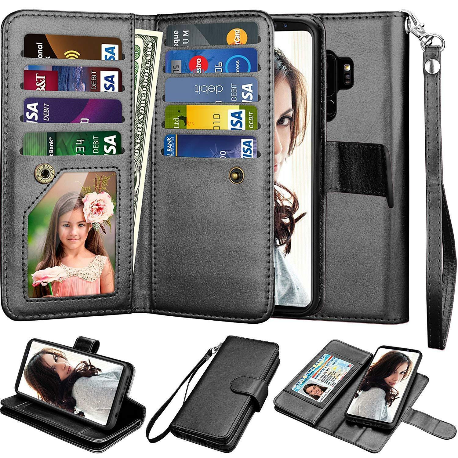 Samsung Galaxy S9 Plus Wallet Case PU Leather Detachable Card Slots Black NEW - $32.27