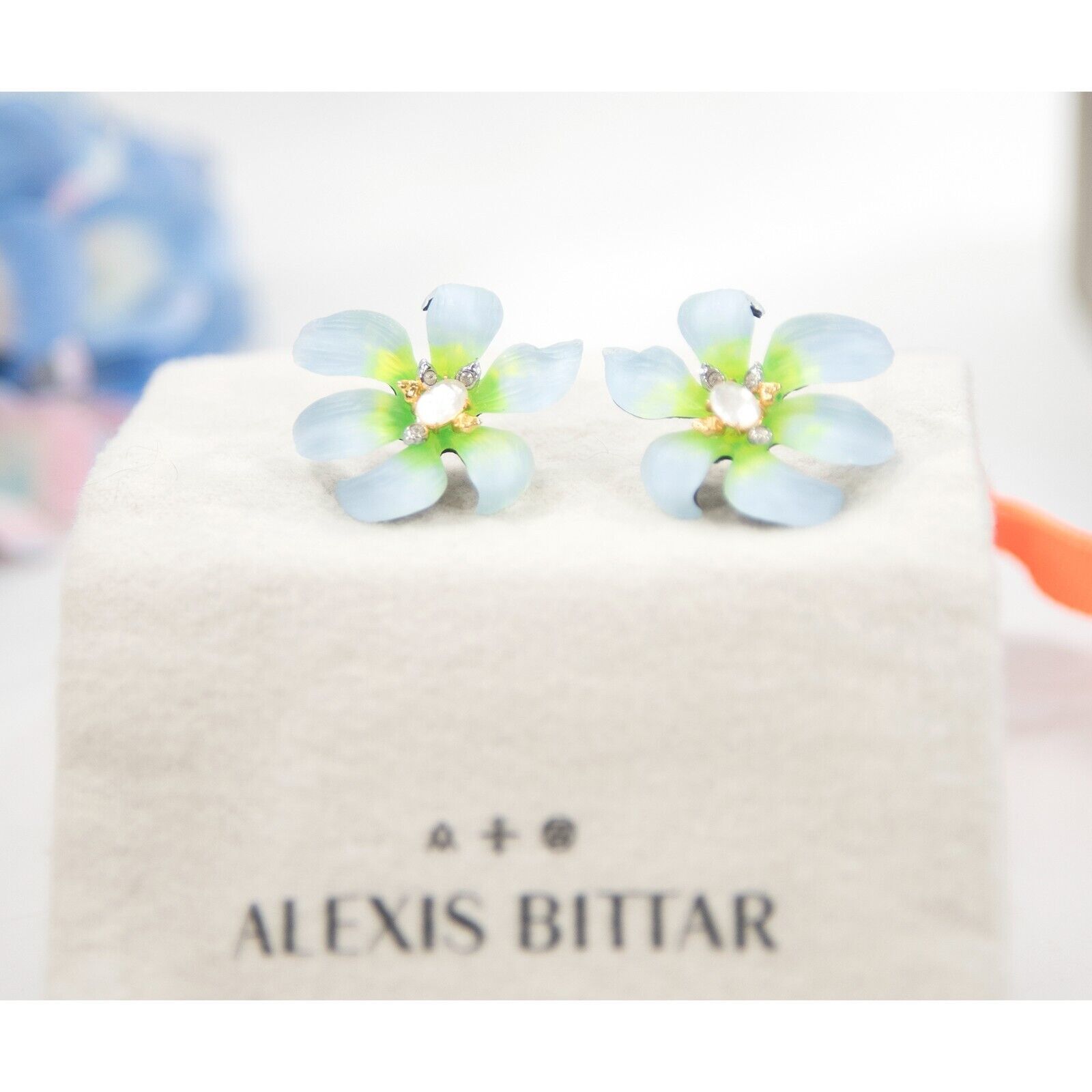 Alexis Bittar Aurora Blue Lily Flower Lucite Crystal Large Stud Earrings NWT - $172.76