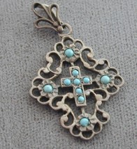 Antique Silver Filigree Turquoise Jeweled Cross Pendant - £23.96 GBP