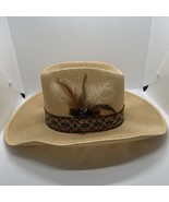 Mesquite Men’s Size 7 1/4 Straw Cowboy Hat Tan With Feathers - $39.97 CAD