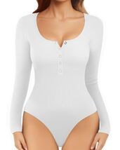 MANGOPOP Long Sleeve Ribbed Bodysuit Tummy Control Henley Scoop Neck Size S - $220.70 MXN