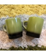 2 Vintage 70s Avocado Green Fire King Coffee Mug Cups Black Stackable Fa... - $20.51 CAD
