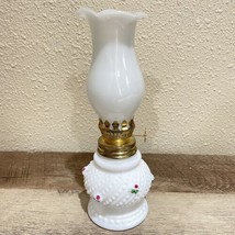 Vintage Milk Glass Oil Lamp Paint Flower Swirl Hobnail Crimped Edge Shade 7.5” &quot; - £15.81 GBP