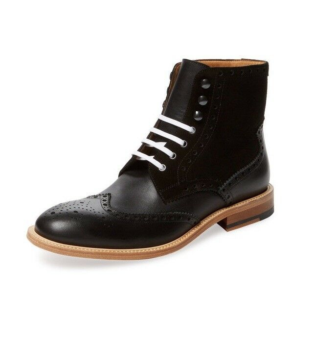 Men's Black High Ankle Wing Tip Brogue Toe Genuine Leather Lace Up Boots US 7-16