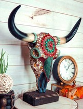 Large Rustic Western Bull Cow Skull With Turquoise Red Rocks Desktop Fig... - $62.99