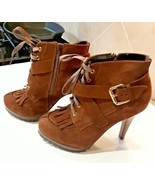 STEPHANIE Brazil Nubuck Leather Platform Heel Boot Bootie Pump Brown 6 /... - $57.04 CAD