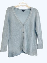 Talbots Sweater Lt Blue Sz L Knit Cardigan V Neck Linen Lightweight 3/4 Sleeves - £16.74 GBP