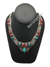 Ethnic Tribal Nepalese Green Turquoise &amp; Red Coral Inlay Bib Boho Necklace,E269 - £33.80 GBP