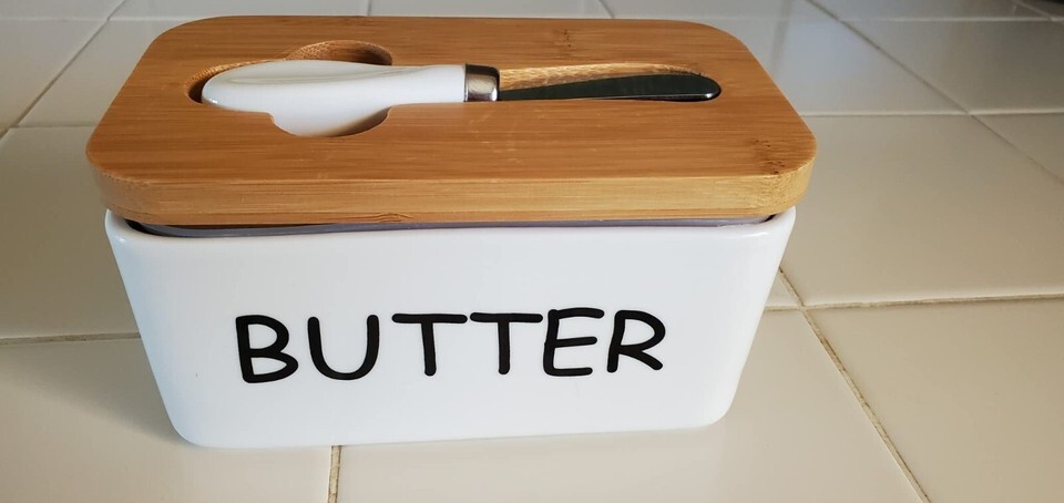 Porcelain Butter Dish with Bamboo Lid and Knife Airtight 6.5&quot;L x 3.5&quot;W x... - $20.79
