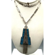 Vintage Whiting and Davis Bar Link Necklace with Southwestern Feel Geometric - £74.68 GBP