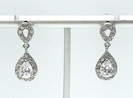 Silver Tone MONET Crystal Teardrop Dangle Drop Pierced Bridal Earrings - £17.38 GBP