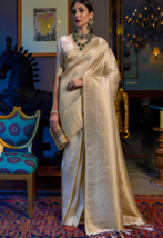 Cream-Coloured &amp; Gold-Toned Ethnic Motifs Zari Silk Blend Kanjeevaram Saree - £102.86 GBP