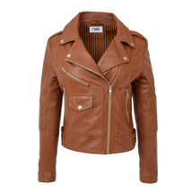 DR207 Women&#39;s Real Leather Biker Cross Zip Jacket Tan - £118.43 GBP