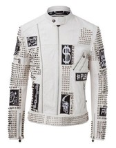 New Philipp Plein White Full Studded Embroidery Patches Leather jacket Biker Men - £180.91 GBP
