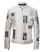 New Philipp Plein White Full Studded Embroidery Patches Leather jacket B... - $314.55 CAD
