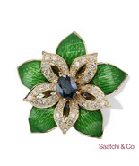 18K (750) Yellow Gold Green Enamel Sapphire Diamond Pin / Brooch - $3,059.10