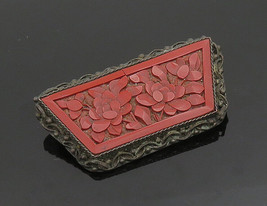 CHINESE 925 Silver - Vintage Antique Floral Carved Cinnabar Brooch Pin - BP7862 - £75.98 GBP