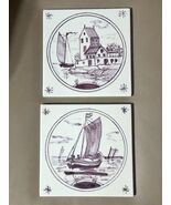 2 Vintage Dutch Delft Manganese Style Tiles Nautical Sail Boat Ships Hou... - $1,353.89 MXN