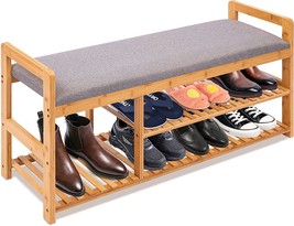 2 In 1 Bamboo Shoe Rack Bench With Storage And Cushion Seat, 3 Tier Small - £53.54 GBP