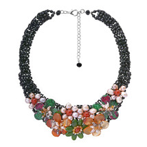 Vibrant Floral Garden Stone Shell and Crystal Statement Necklace - £41.18 GBP